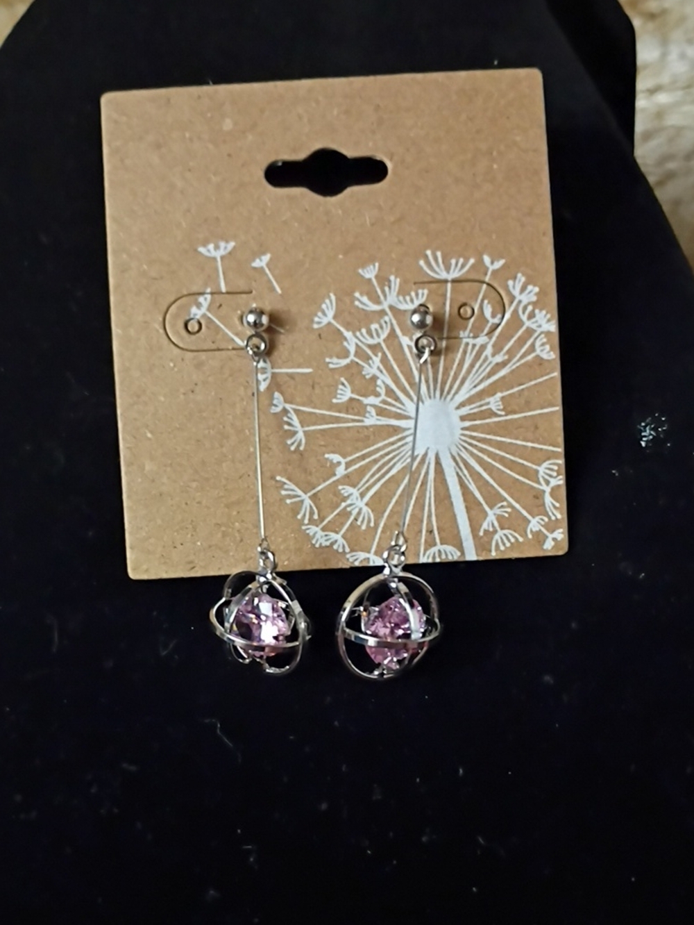 Silver-Tone Drop Earrings with Pink Crystal